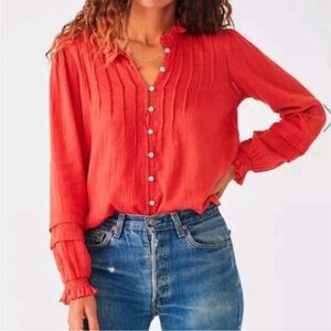Faherty Ruffle Neck Quince Style Women's Red Button-Up Blouse